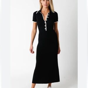 Black Ribbed Knit Collared Button Front Dress